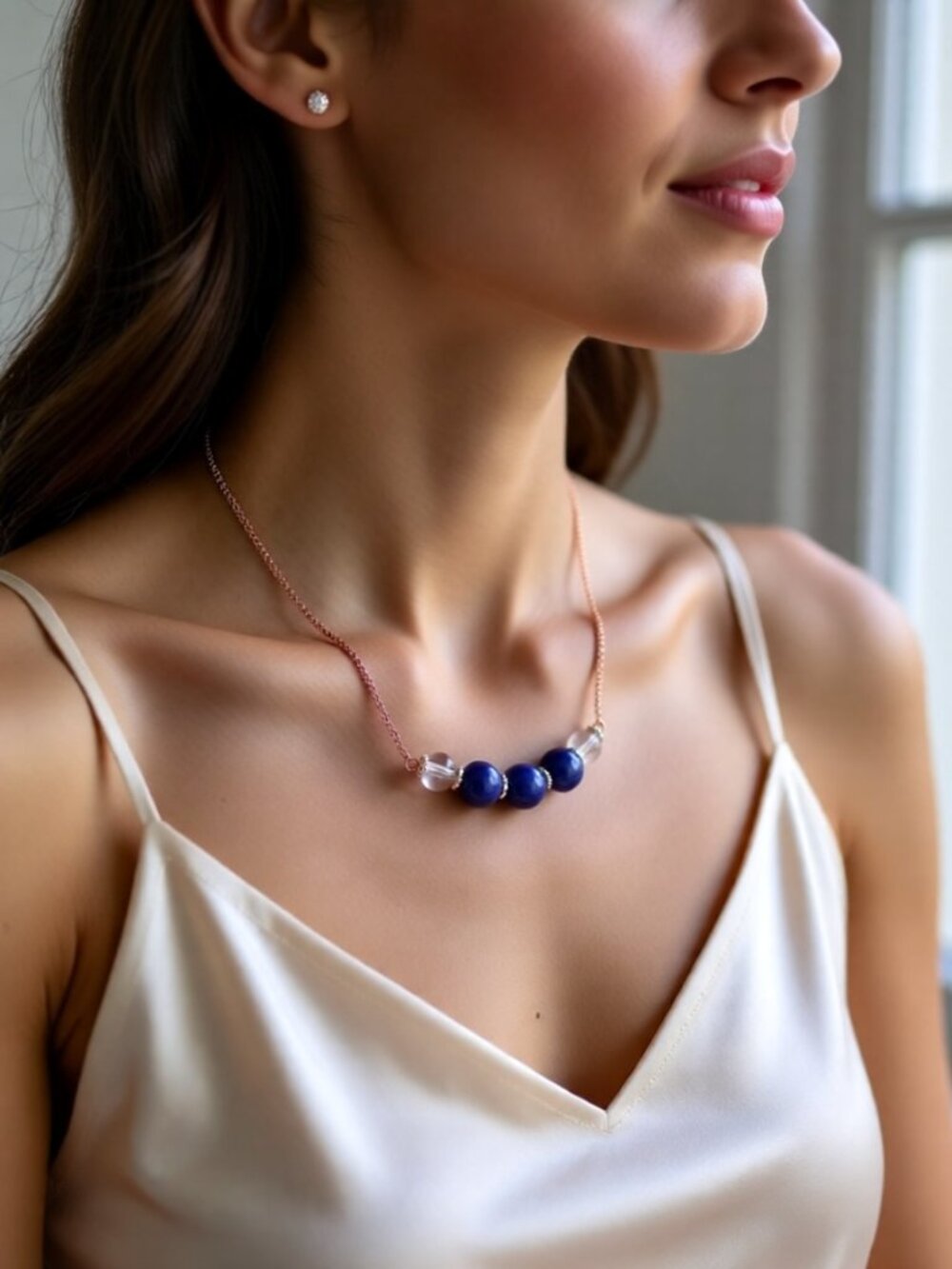 Minimalist Lapis Lazuli, Quartz & Copper Bar Necklace - Handmade!